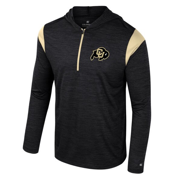 A black windshirt with gold stripes at each shoulder. It features the CU buffalo logo in black and gold on the left chest, and a gold half zipper.